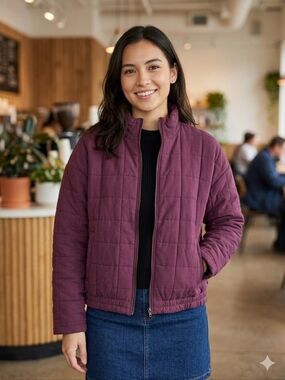 {Roxy} Plum Quilted Jacket with Logo Plate - Size XL